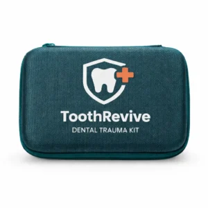 Teal dental trauma kit with QR codes for knocked-out tooth and other injury instructions.
