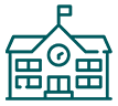 Icon of a school building with a clock and flag representing school dental programs.