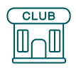 Line art icon of a club building with a sign that says CLUB.