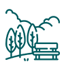 Line art icon of a park bench surrounded by trees and gentle hills.