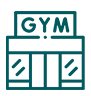 Teal line art icon of a gym building with a signboard reading GYM.