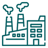 Teal line icon of a factory building with smoking chimneys and windows.