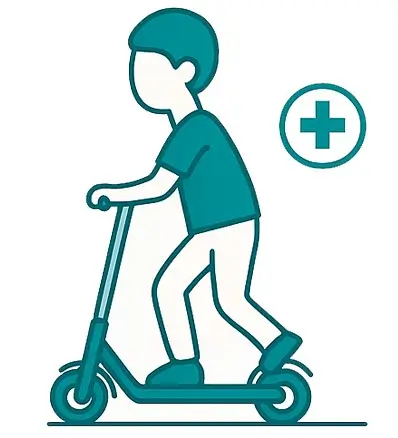 Illustration of a person riding a scooter next to a medical cross symbol.