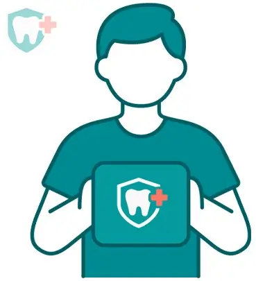 Illustration of a man holding a dental protection shield with a tooth and red cross.