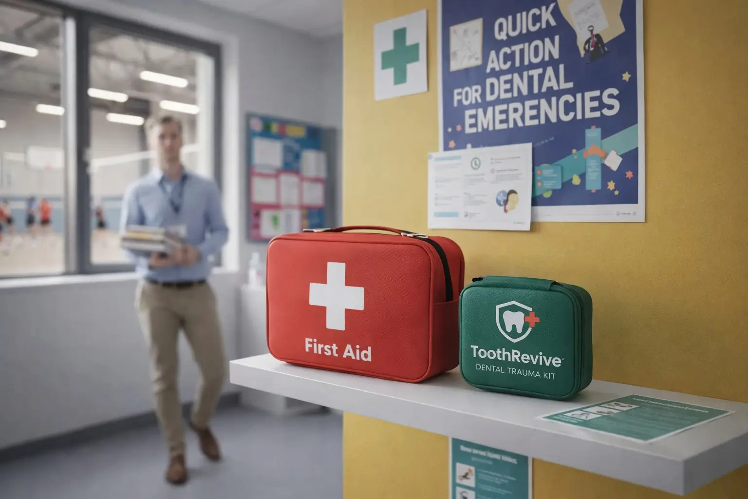 A red First Aid bag and green ToothRevive Dental Trauma Kit on a shelf.