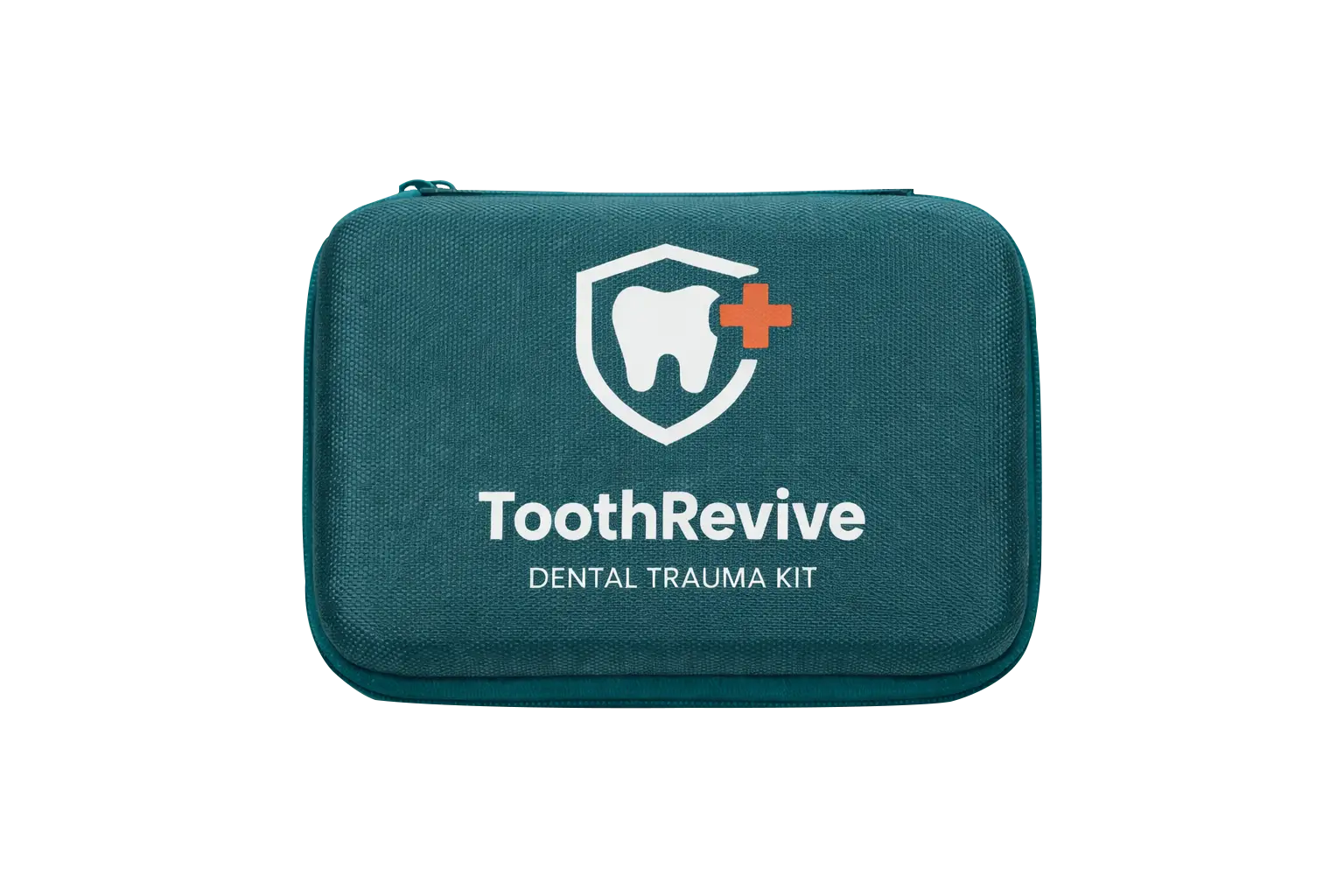 Compact teal ToothRevive dental trauma kit pouch with logo against a black background.