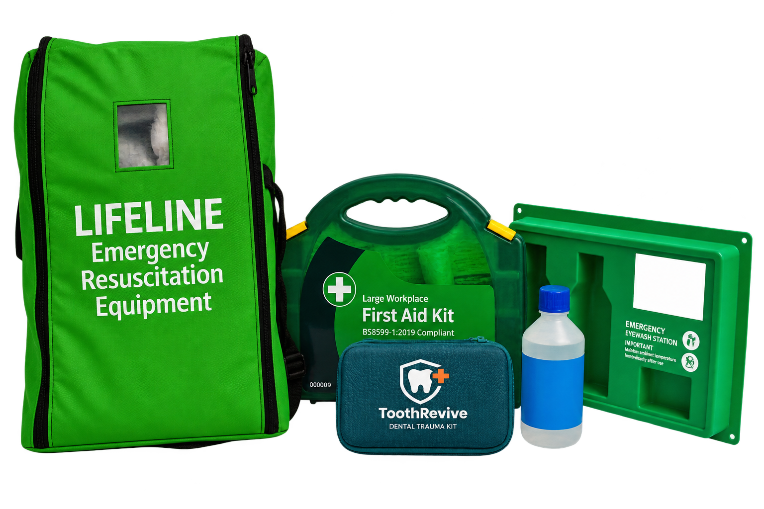 ToothRevive Dental Trauma Kit pouch alongside emergency resuscitation equipment, a first aid kit and an eyewash station.