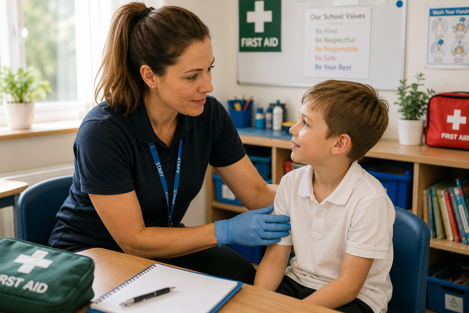 Teacher providing first aid to a pupil after a dental injury at school
