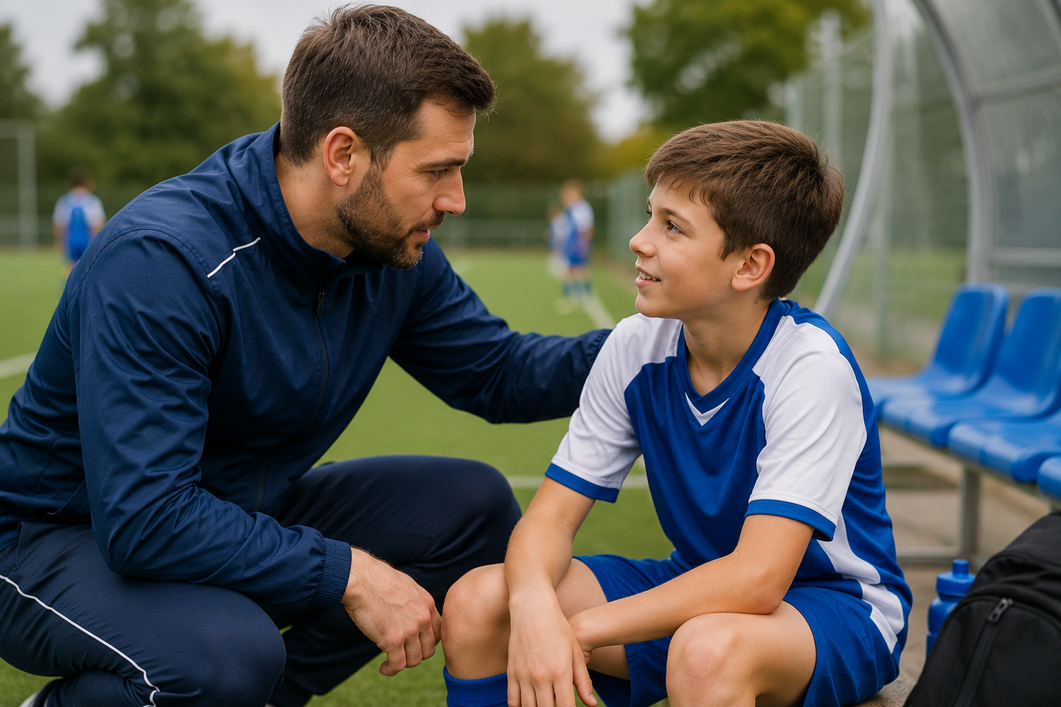 Sports coach checking a player's mouth after a dental injury on the pitch