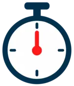 A dark blue stopwatch icon with a red needle for fast dental emergency response.
