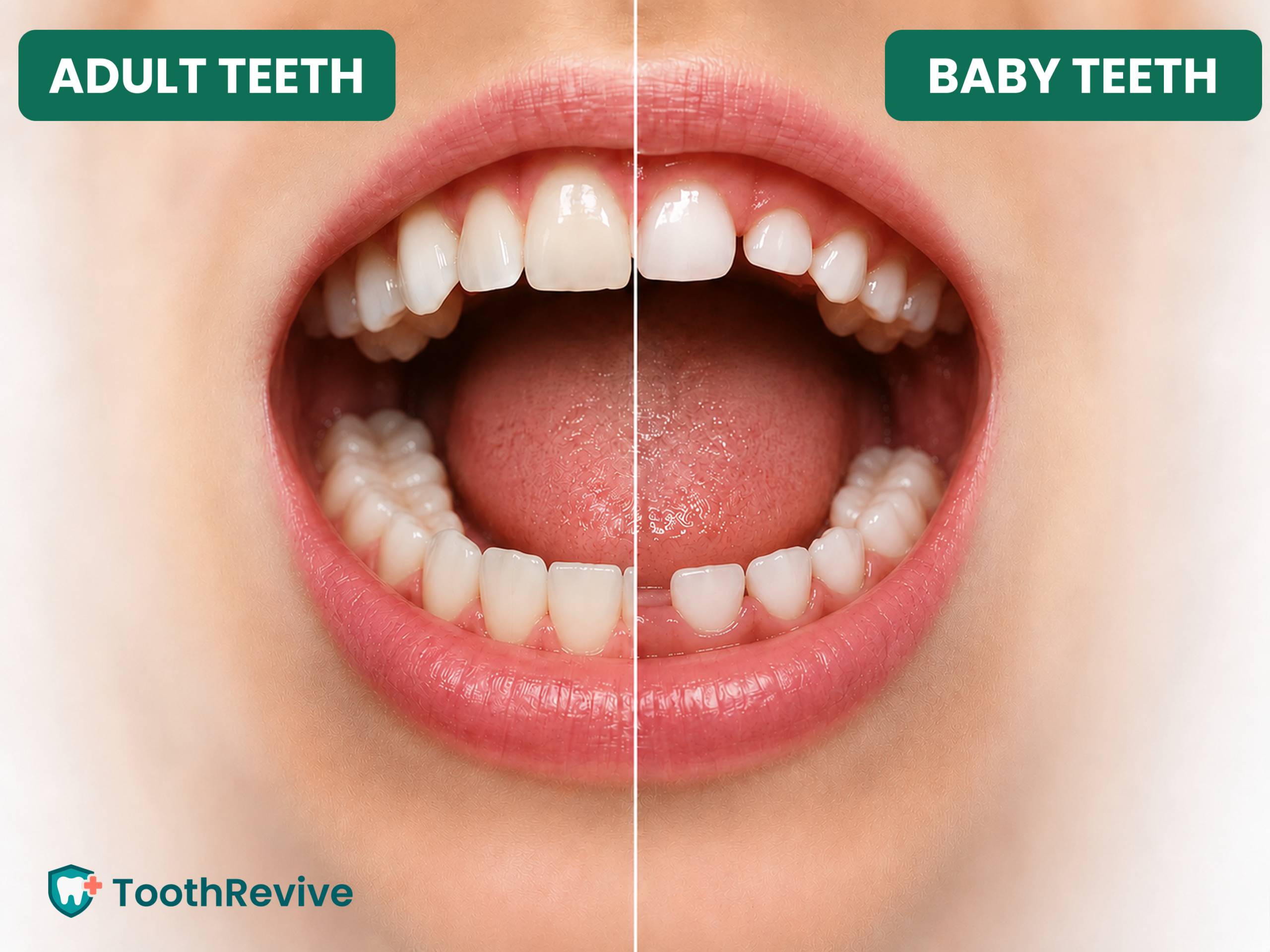 Photograph comparing a baby tooth and an adult tooth side by side