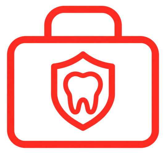 A red icon of a first aid kit containing a shield with a tooth inside.