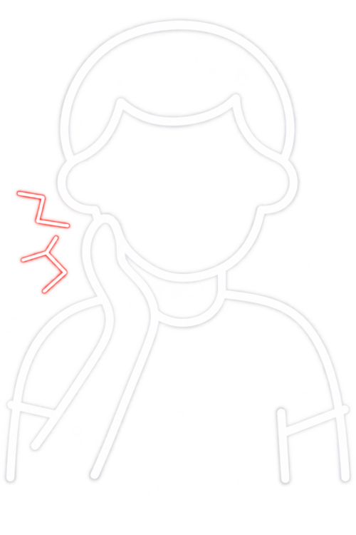 A white outline icon of a person holding their jaw with red toothache pain symbols.
