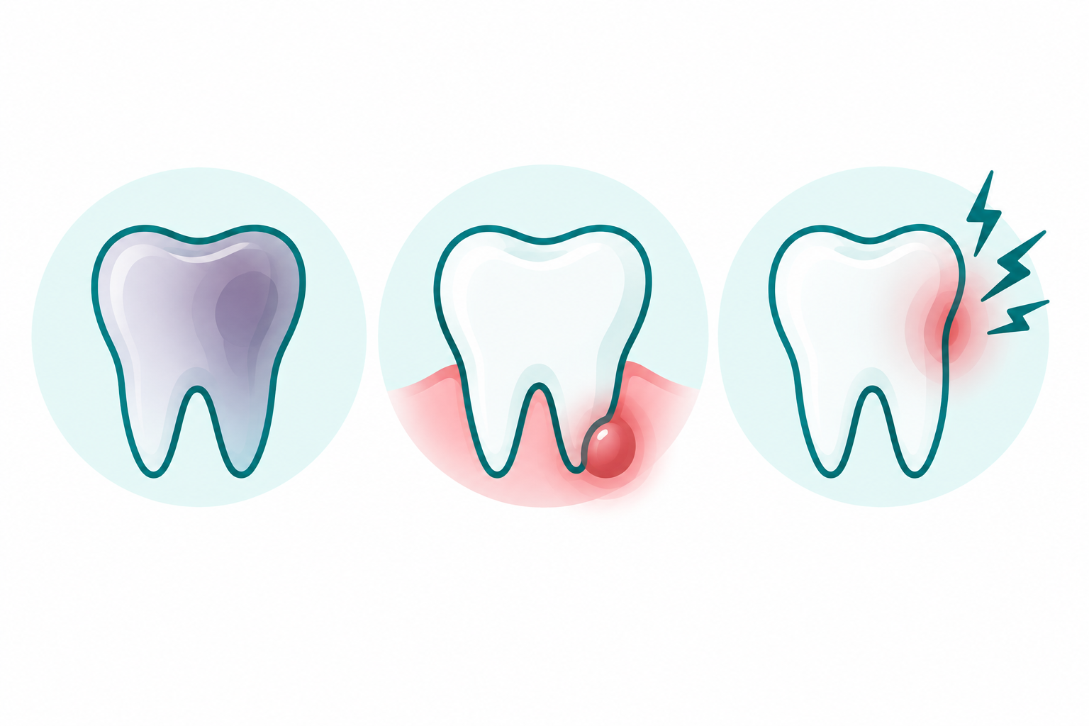 Illustration of warning signs after a dental injury, including tooth discolouration, dental abscess and pain