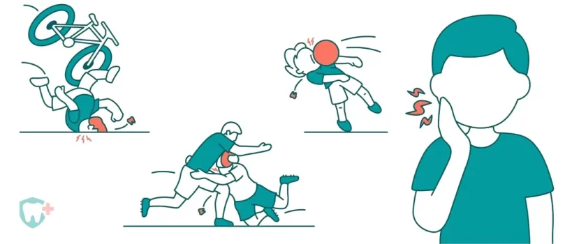Teal illustration of a toothache, a bike fall, a sports tackle, and ball impact.