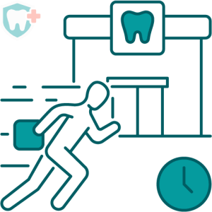 Icon of a person running quickly to a dental clinic with a clock symbol.